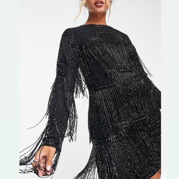 US6/M embellished shift mini dress beaded fringe tassels layered - Picture 5 of 6